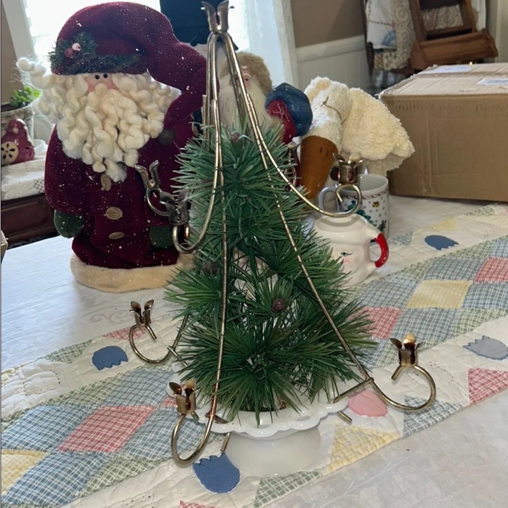 Elegant Green Holiday Candle Holder milk glass